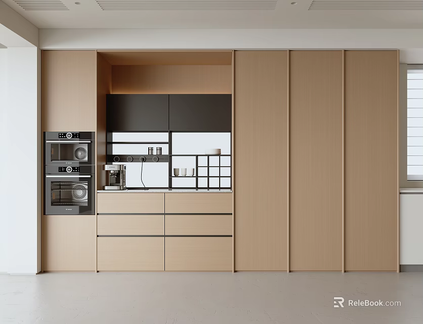 Modern Kitchen Sideboard With Wooden Storage Design And Open Shelves Interior 3d model 