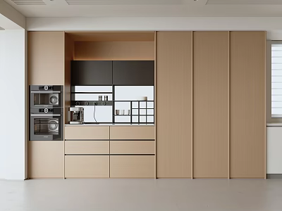 Modern Kitchen Sideboard With Wooden Storage Design And Open Shelves Interior 3d model