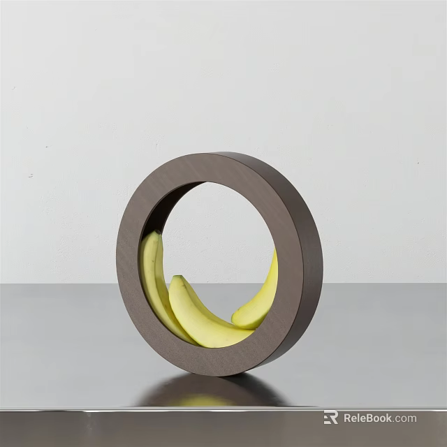 Brown Circular Ceramic Vessel With Yellow Bananas As Decorative Container 3d model 