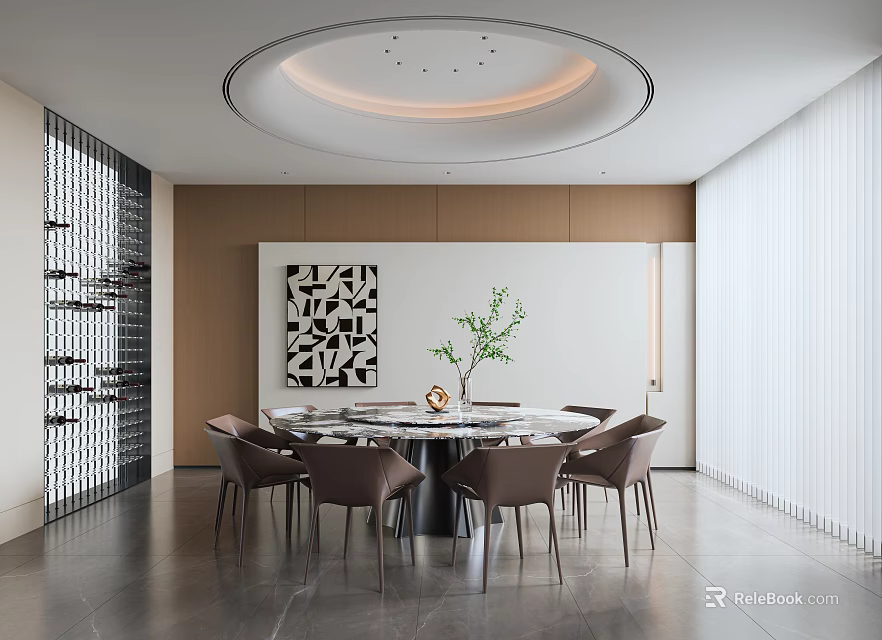 Modern Restaurant Interior Design With Round Dining Table Circular Ceiling Light And Green Plant 3d model