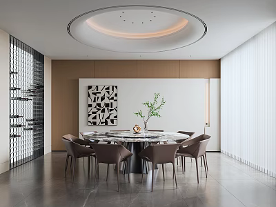 Modern Restaurant Interior Design With Round Dining Table Circular Ceiling Light And Green Plant 3d model
