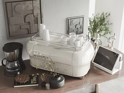 Modern Kitchen Scene With White Appliances Coffee Maker Cups On Wooden Countertop And Plants 3d model