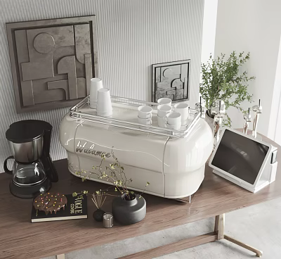 Modern Kitchen Scene With White Appliances Coffee Maker Cups On Wooden Countertop And Plants 3d model