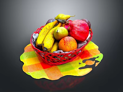 Fresh Assorted Fruits in Red Wicker Basket with Bananas Pears Apples Pomegranate on Colorful Mat 3d model
