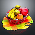 Fresh Assorted Fruits in Red Wicker Basket with Bananas Pears Apples Pomegranate on Colorful Mat