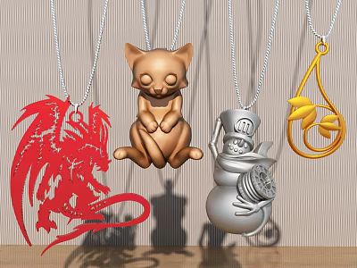 Vibrant Themed Pendants Featuring Dragon Cat Skull Leaf Designs In Gold Silver Red On Chains 3d model