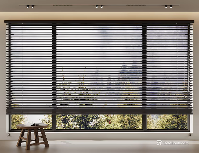 Horizontal Blinds Covering Large Window With Greenery View In Modern Room 3d model 