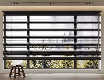 Horizontal Blinds Covering Large Window With Greenery View In Modern Room 3d model