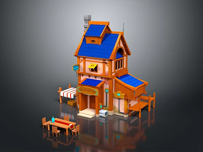 Cartoon Scenery Wooden House With Blue Roof Chimney Balcony And Outdoor Tables Chairs 3d model