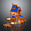 Cartoon Scenery Wooden House With Blue Roof Chimney Balcony And Outdoor Tables Chairs