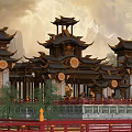 Traditional Ancient Chinese Architecture With Multiple Tiered Roofs Curved Eaves Red Railings And Golden Ornaments