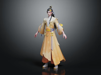 Elegant Ancient Chinese Character In Flowing Yellow Robe With Phoenix Hair Ornament 3d model
