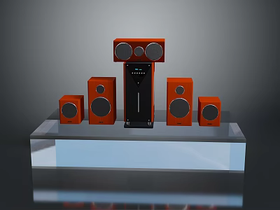 Computer Speaker System Featuring Multiple Orange Speakers And Black Central Unit On Display Platform 3d model