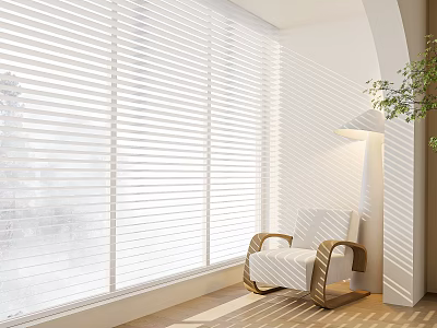 White Venetian Blinds on Window in Modern Interior with Rocking Chair and Light Patterns 3d model