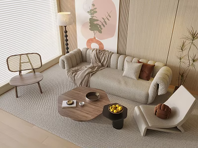 Beige Curved Sofa And Round Wooden Coffee Table Set With Pillows Throw Blanket Decorative Art 3d model