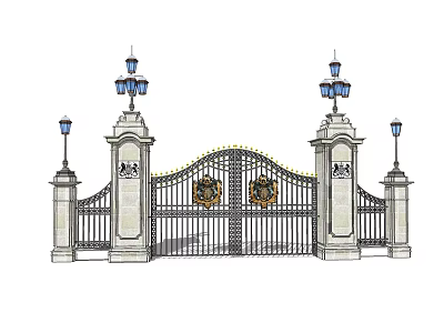 Classic Entrance Gate With Stone Pillars Wrought Iron Design And Decorative Lamps 3d model