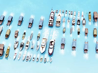 Various Types of Wooden Boats Moored on Blue Water Surface With Sunlight Sparkles 3d model