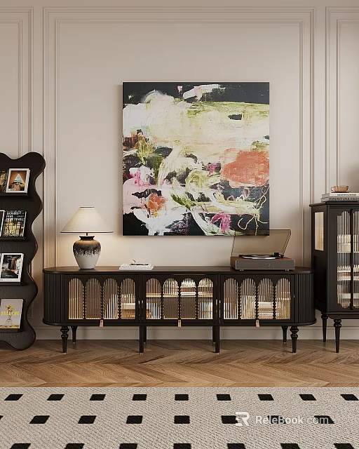 Elegant TV Cabinet With Louvered Doors Lamp Record Player And Decorative Painting On Paneled Walls 3d model 