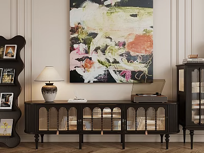 Elegant TV Cabinet With Louvered Doors Lamp Record Player And Decorative Painting On Paneled Walls 3d model