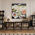 Elegant TV Cabinet With Louvered Doors Lamp Record Player And Decorative Painting On Paneled Walls