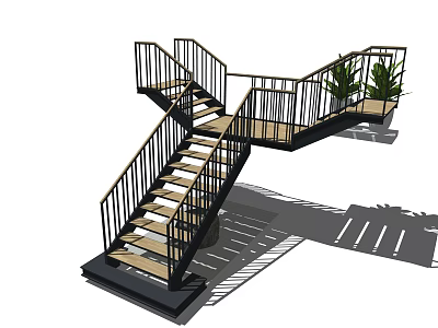 Modern Staircase With Metal Railings Wooden Steps And Green Plants On Platform 3d model