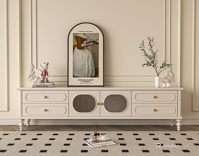 Elegant White TV Stand With Drawers Doors Oval Mirror And Green Plant Decor 3d model 