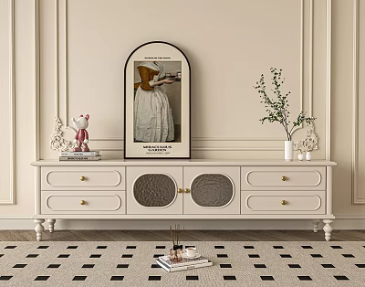 Elegant White TV Stand With Drawers Doors Oval Mirror And Green Plant Decor 3d model