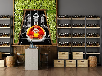 Stylish Wine Cabinet Storage With Wine Racks Green Plant Wall And Wooden Barrels 3d model