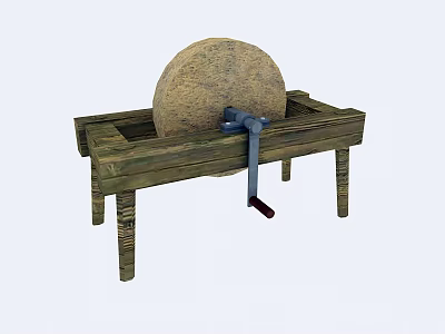 Traditional Stone Mill with Wooden Stand and Metal Crank Handle 3d model