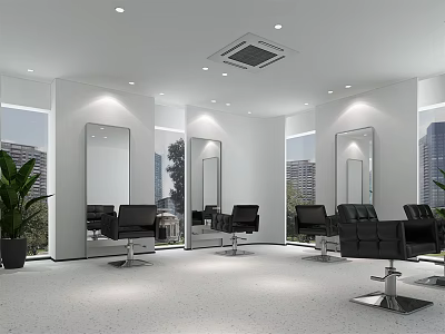 Modern Hair Salon Interior Design With Black Salon Chairs Large Mirrors And Potted Plant 3d model