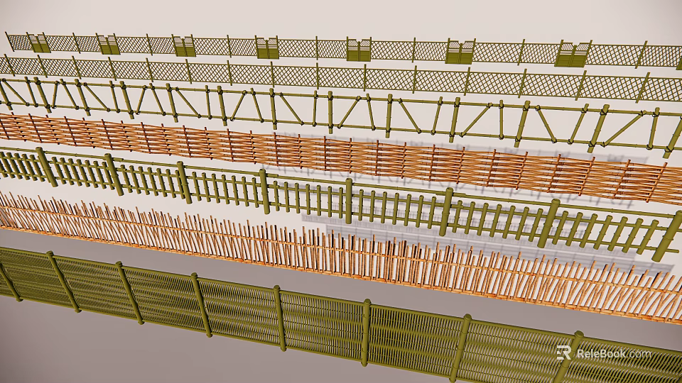 Various Styles of Decorative Fences with Wooden and Grid Design in Green and Brown 3d model 