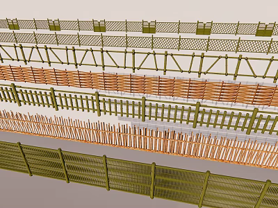 Various Styles of Decorative Fences with Wooden and Grid Design in Green and Brown 3d model
