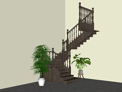 Elegant Dark Wooden Staircase With Carved Railings And Green Plants In Light Room 3d model