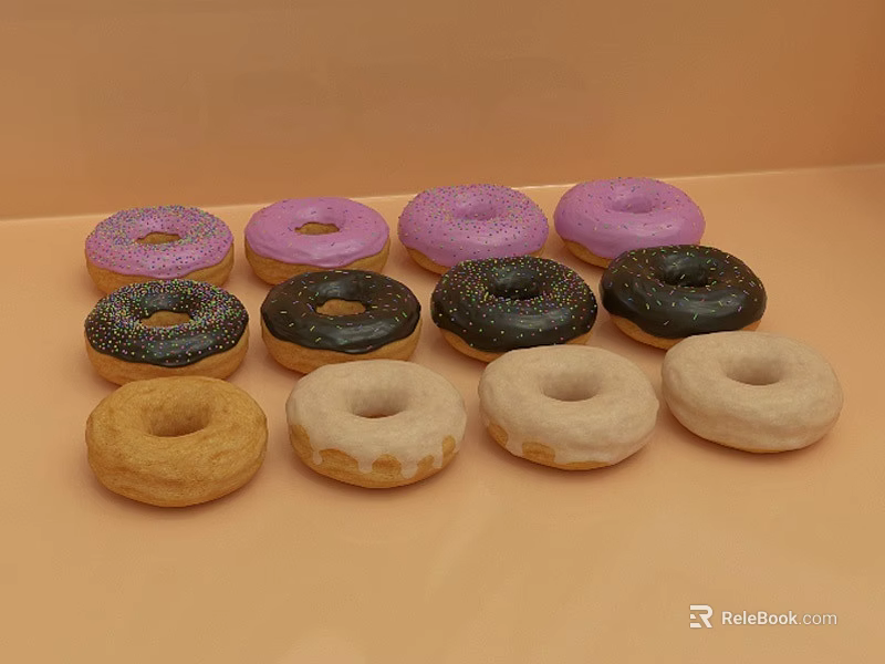 Assorted Donuts With Purple Black Glazes And Plain Varieties On 3d model 
