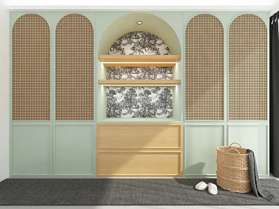 Arched Lattice Wardrobe In Light Green With Wooden Drawers And Patterned Fabric Shelves 3d model