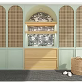 Arched Lattice Wardrobe In Light Green With Wooden Drawers And Patterned Fabric Shelves