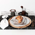Tableware Set With Wooden Plate White Napkin Croissant Honey Jar And Utensils On Marble Tray