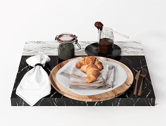 Modern tableware napkin placemat plate saucer wine glass croissant knife and fork glass jar tissue 3d model