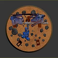 Blue Robot Warrior With Weapon On Orange Ground Near Red Broken Structures And Black Stones