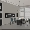 Modern Open Concept Restaurant Interior With White Cabinets Black Dining Table And Pendant Lights