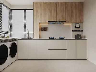 Modern Kitchen Interior Design With Wooden Cabinets White Countertops Range Hood And Windows 3d model