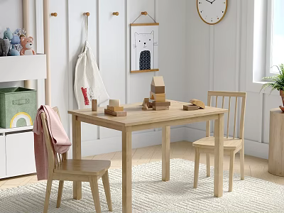 Wooden Kids Table and Chairs Set in Cozy Children's Room with Wooden Blocks 3d model