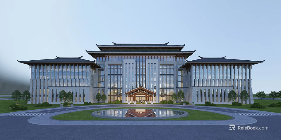 Ancient Architecture With Traditional Roof Modern Glass Facade Central Wooden Entrance Front Circular Pond Lawn 3d model 