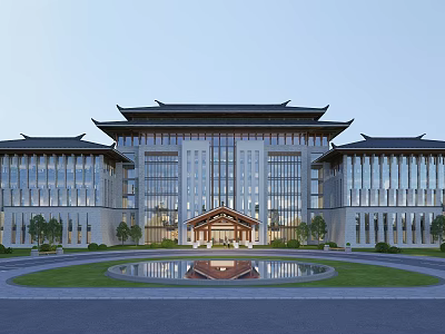 Ancient Architecture With Traditional Roof Modern Glass Facade Central Wooden Entrance Front Circular Pond Lawn 3d model