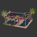 Small Building Featuring Blue Red Walls Black Roof Transparent Section Palm Trees and Green Plants