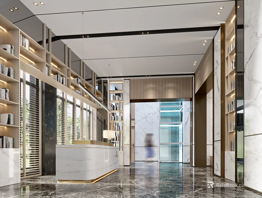 Elegant Modern Reception Area With Marble Countertop Built in Bookshelves Glass Door And Hanging Lights 3d model 