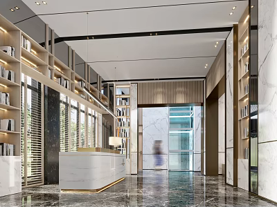 Elegant Modern Reception Area With Marble Countertop Built in Bookshelves Glass Door And Hanging Lights 3d model