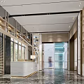 Elegant Modern Reception Area With Marble Countertop Built in Bookshelves Glass Door And Hanging Lights