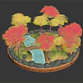 Cartoon Scene Circular Landscape With Green Trees Blue Stream Wooden Bridge And Stone Decorations