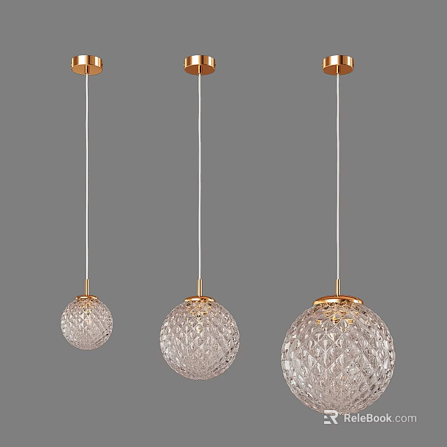 Three Crystal Pendant Lights With Gold Accents And Diamond Cut Spherical Design 3d model 
